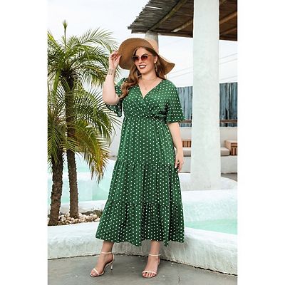 Women's Plus Size Polka Dot Casual V Neck Short Sleeve A-Line Pleated Hem  Swing Maxi Dress