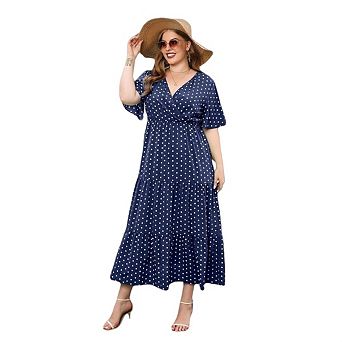 Women's Plus Size Polka Dot Casual V Neck Short Sleeve A-Line Pleated Hem Swing Maxi Dress