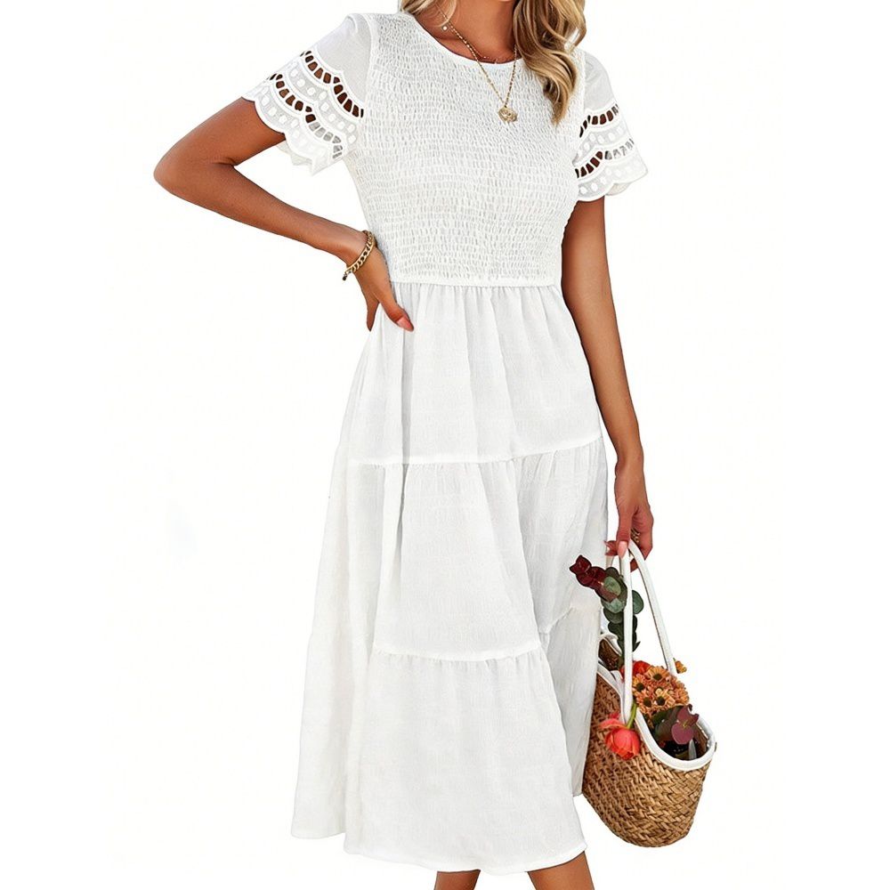 Женские платья Smocked Midi Dress Short Sleeves Tiered Ruffle Hem Lace A LineTrim for Casual Wear
