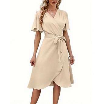 Women's Wrap Midi Dress V-Neck Flutter Sleeves Self-Tie Waist for Casual Cocktail Wear