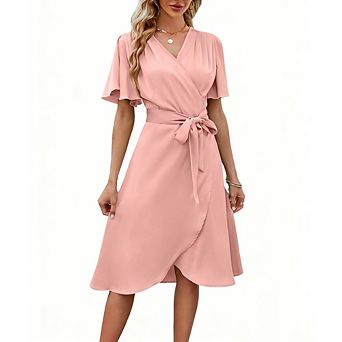 Women's Wrap Midi Dress V-Neck Flutter Sleeves Self-Tie Waist for Casual Cocktail Wear