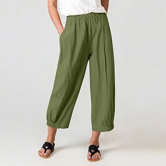 Women‘s High Waist Harem Pants Linen Blend Wide Leg Cropped Pants, Flowy Casual Drawstring Trousers