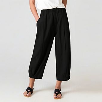 Women‘s High Waist Harem Pants Linen Blend Wide Leg Cropped Pants, Flowy Casual Drawstring Trousers