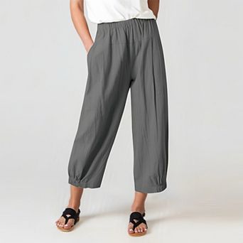 Women‘s High Waist Harem Pants Linen Blend Wide Leg Cropped Pants, Flowy Casual Drawstring Trousers