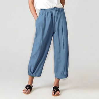Women‘s High Waist Harem Pants Linen Blend Wide Leg Cropped Pants, Flowy Casual Drawstring Trousers