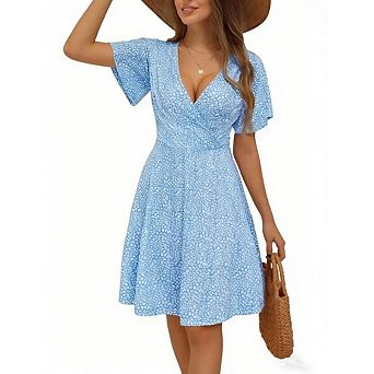 Women's V-Neck Mini Dress Floral Wrap Bodice Ruffled Short Sleeves Flared Hem Causal Summer Wear