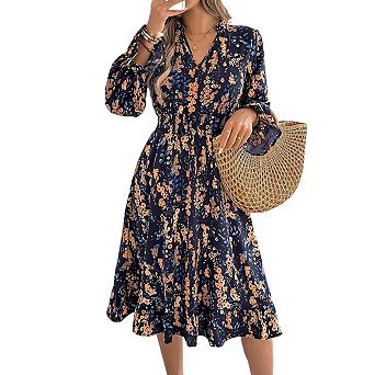 Womens Floral Long Sleeve Dress Smocked Long Flowy Midi Boho A Line Dresses For Women