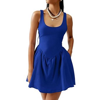 Women's Summer Mini Dresses Trendy Smocked Sleeveless Sundress Beach Vacation Dress Pockets