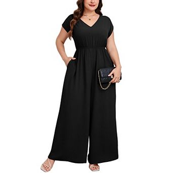 Women's Plus Size Wide Leg Jumpsuit Cap Sleeve V Neck Dressy Casual Jumpsuit with Pockets