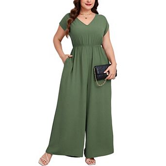 Women's Plus Size Wide Leg Jumpsuit Cap Sleeve V Neck Dressy Casual Jumpsuit with Pockets