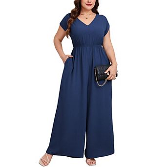 Women's Plus Size Wide Leg Jumpsuit Cap Sleeve V Neck Dressy Casual Jumpsuit with Pockets
