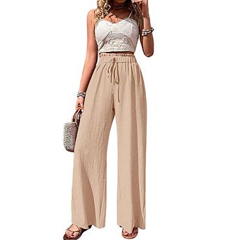 Women Bubble Plaid Casual Wide Leg Pants Elastic Waist Drawstring Straight Pants Daily Loose Pants