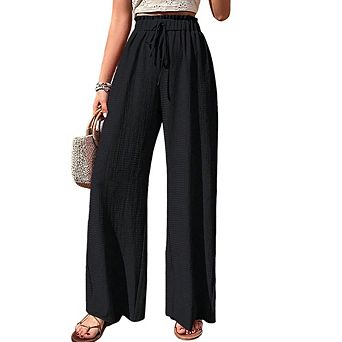 Women Bubble Plaid Casual Wide Leg Pants Elastic Waist Drawstring Straight Pants Daily Loose Pants