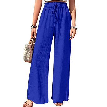 Women Bubble Plaid Casual Wide Leg Pants Elastic Waist Drawstring Straight Pants Daily Loose Pants
