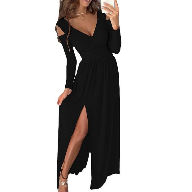 Women's V Neck Cut Out Wrap Pleated Maxi Dress Long Sleeve Solid Split High  Waisted Swing