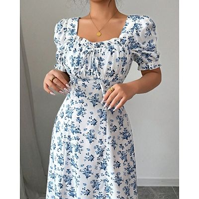Women's Boho Dress Flowing Floral Long Dress Puff Sleeve Fitted Waist A-Line  Dress