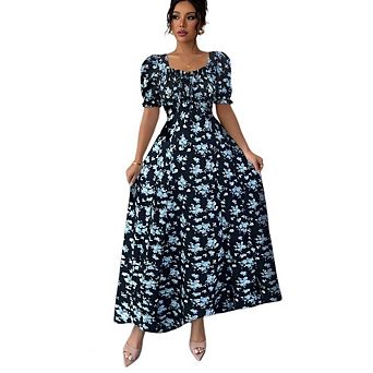Women's Boho Dress Flowing Floral Long Dress Puff Sleeve Fitted Waist A-Line Dress