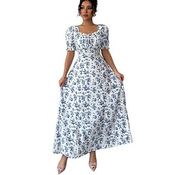 Women's Boho Dress Flowing Floral Long Dress Puff Sleeve Fitted Waist A-Line Dress