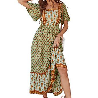 Women Square Neck Floral Print Dress Short Sleeve Midi Dress Romantic Vintage Summer Casual Dress