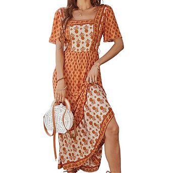 Women Square Neck Floral Print Dress Short Sleeve Midi Dress Romantic Vintage Summer Casual Dress