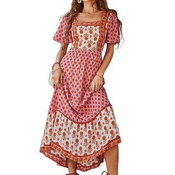 Women Square Neck Floral Print Dress Short Sleeve Midi Dress Romantic Vintage Summer Casual Dress
