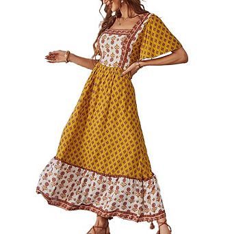 Women Square Neck Floral Print Dress Short Sleeve Midi Dress Romantic Vintage Summer Casual Dress