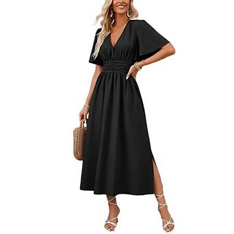Women's Midi Dress V-Neck Flutter Sleeves Smocked Waist Side Slit for Casual Office Wear