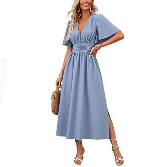 Women's Midi Dress V-Neck Flutter Sleeves Smocked Waist Side Slit for Casual Office Wear