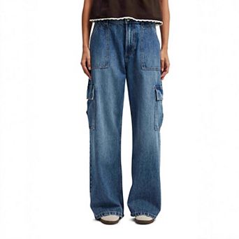 Women's Straight Wide Leg Cargo Jeans Baggy Stretchy Elastic Waist Casual Trousers Denim Pants