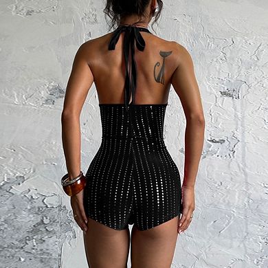 Women's Deep V Neck Halter Sequin Romper Sparkly Backless Bodycon Jumpsuit Clubwear