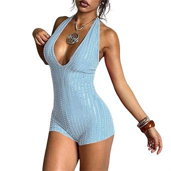 Women's Deep V Neck Halter Sequin Romper Sparkly Backless Bodycon Jumpsuit Clubwear