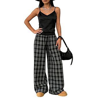 Women's Plaid Wide Leg Pants Elastic High Waist Drawstring Trousers Casual Loose Fit Pants