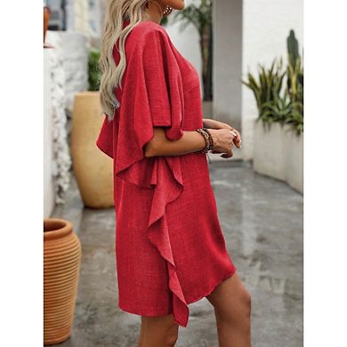 Women's Summer Dresses Solid Color Loose Ruffled Flowy V-Neck Dress