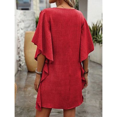 Women's Summer Dresses Solid Color Loose Ruffled Flowy V-Neck Dress