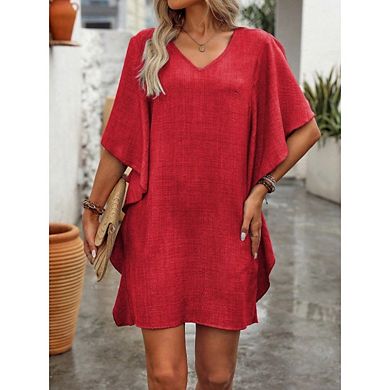 Women's Summer Dresses Solid Color Loose Ruffled Flowy V-Neck Dress