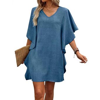 Women's Summer Dresses Solid Color Loose Ruffled Flowy V-Neck Dress