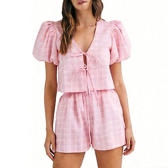 Women's Plaid Puff Sleeve Two Piece Set Tie Front Top High Waist Shorts Sweet Casual Set