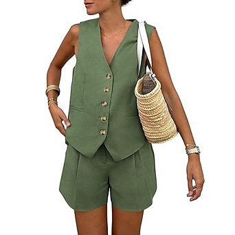 Women's Two-Piece Set Sleeveless Button Front Vest High-Waist Wide Shorts for Casual Office Wear