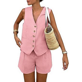 Women's Two-Piece Set Sleeveless Button Front Vest High-Waist Wide Shorts for Casual Office Wear