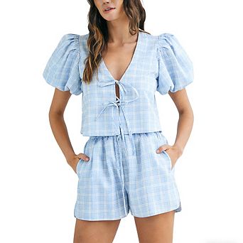 Women's Plaid Puff Sleeve Two Piece Set Tie Front Top High Waist Shorts Sweet Casual Set