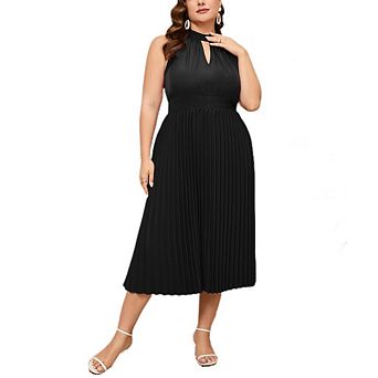 Women's Plus Halter Midi Dress Smocked Waist Pleated Skirt Summer Casual Formal Cocktail Party