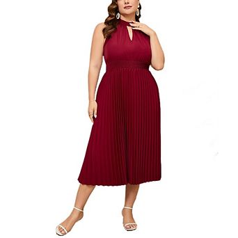 Women's Plus Halter Midi Dress Smocked Waist Pleated Skirt Summer Casual Formal Cocktail Party