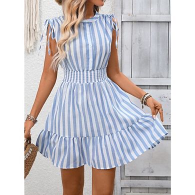 Women's Striped Mini Dress Half Button Placket Smocked Waist Ruffled Hem for Causal Beach Wear