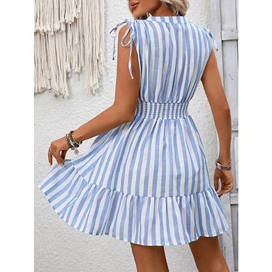 Women's Striped Mini Dress Half Button Placket Smocked Waist Ruffled Hem for Causal Beach Wear