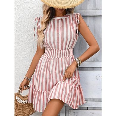 Women's Striped Mini Dress Half Button Placket Smocked Waist Ruffled Hem for Causal Beach Wear