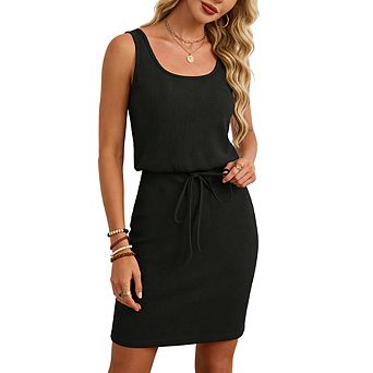 Women's Round Neck Sleeveless Drawstring Waist Casual Dress Adjustable Tie Summer Mini Shift Dress