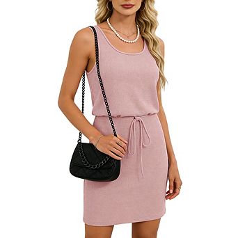 Women's Round Neck Sleeveless Drawstring Waist Casual Dress Adjustable Tie Summer Mini Shift Dress