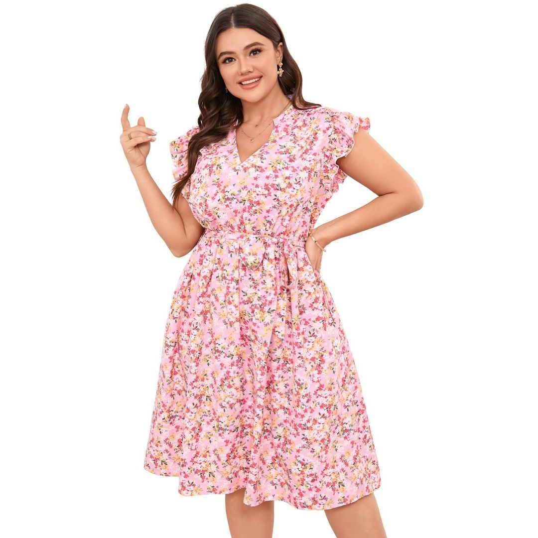 Женские платья Plus Size Summer Floral Dress V-Neck A-Line Cap Sleeve Belted Waist Midi Dress with Pockets