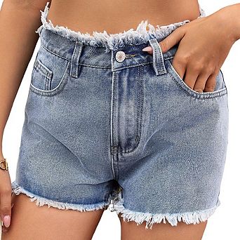 Women Summer Fashion Frayed Hem Denim Short Slim Fit Versatile Straight Leg Shorts Casual Daily Wear