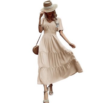 Women's Casual Ruffled Dress Short-Sleeved V-Neck Midi Dress A-Line Fitted Button-Down Dress
